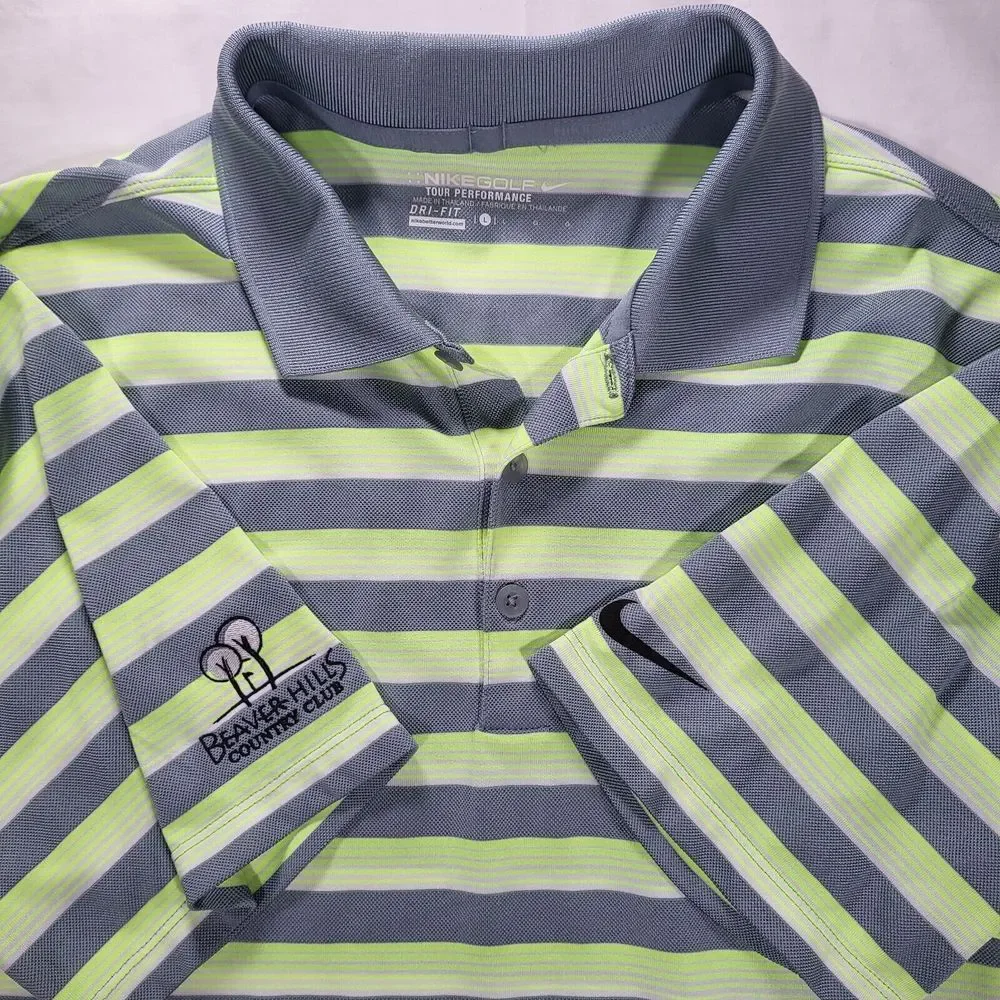 Nike Golf Tour‎ Performance Men's Large Gray Green Yellow Striped Dri-Fit Polo